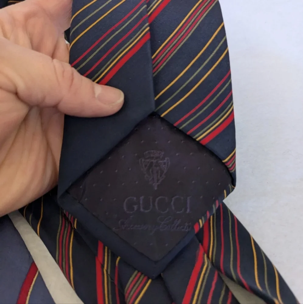 2 Vintage Gucci Silk Blue Striped Logo Neckties Made In Italy FLAWED STAINED
